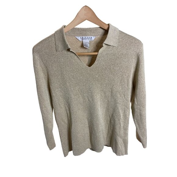Vintage 90s John Paul Richard Gold Metallic Collared Pullover Silk Blend Top - Picture 1 of 9